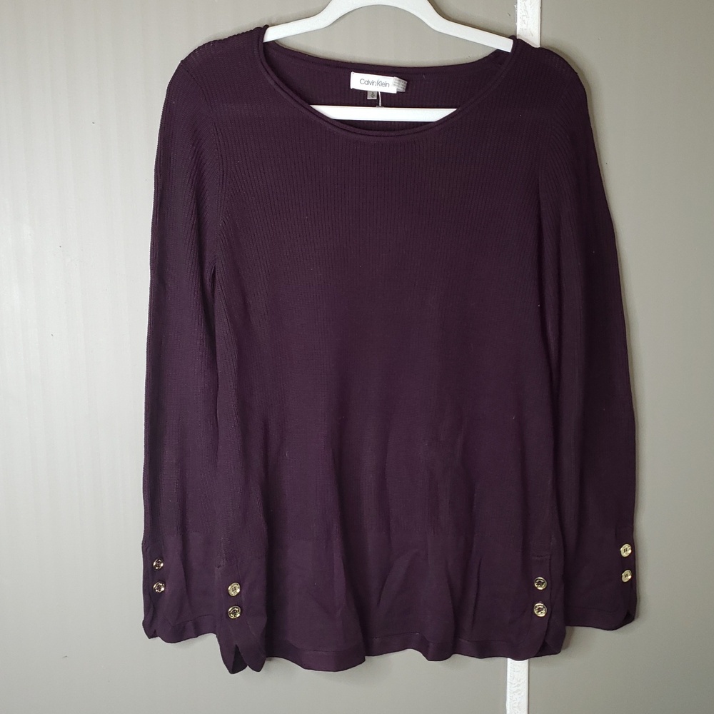 Calvin Klein Plum Ribbed Sweater Button Sleeve Soft Stretch Lightweight S SM